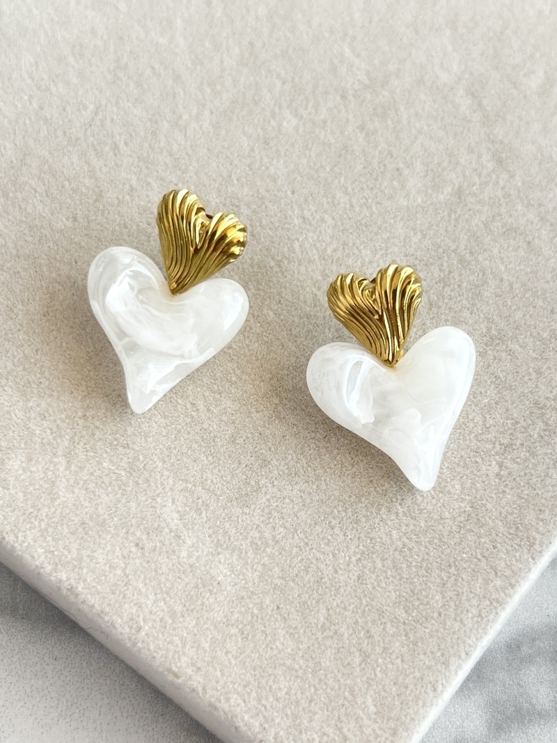 Gold & White Heart Earrings